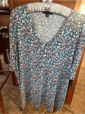 3X Brand New Blue Floral Top with Coral, Light Blue & Cream Blossoms by N Touch